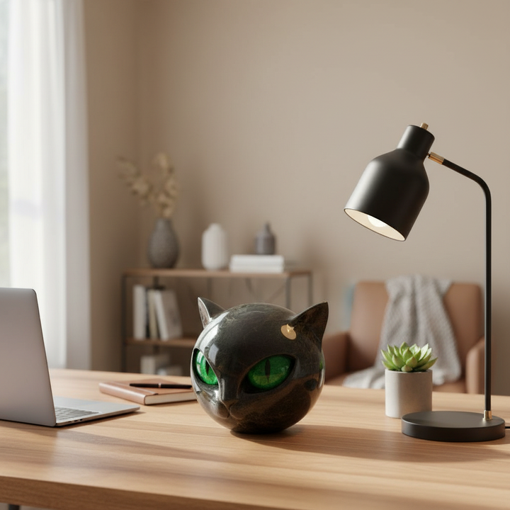Décoration élégante : sculpture chat noir en résine brillante, accessoire de bureau moderne.