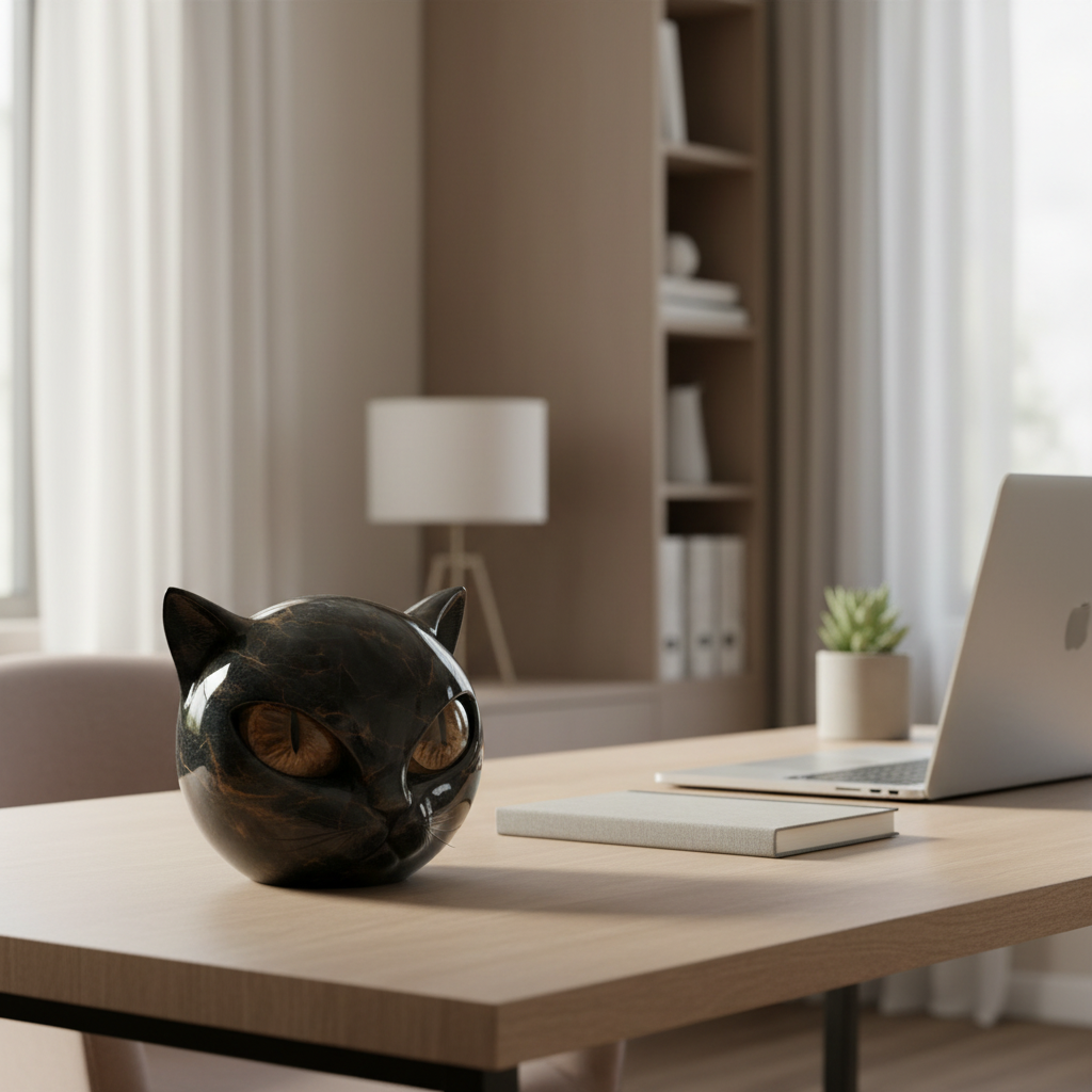 Objet d'art félin : statue tête de chat en résine brillante, design intérieur chic.