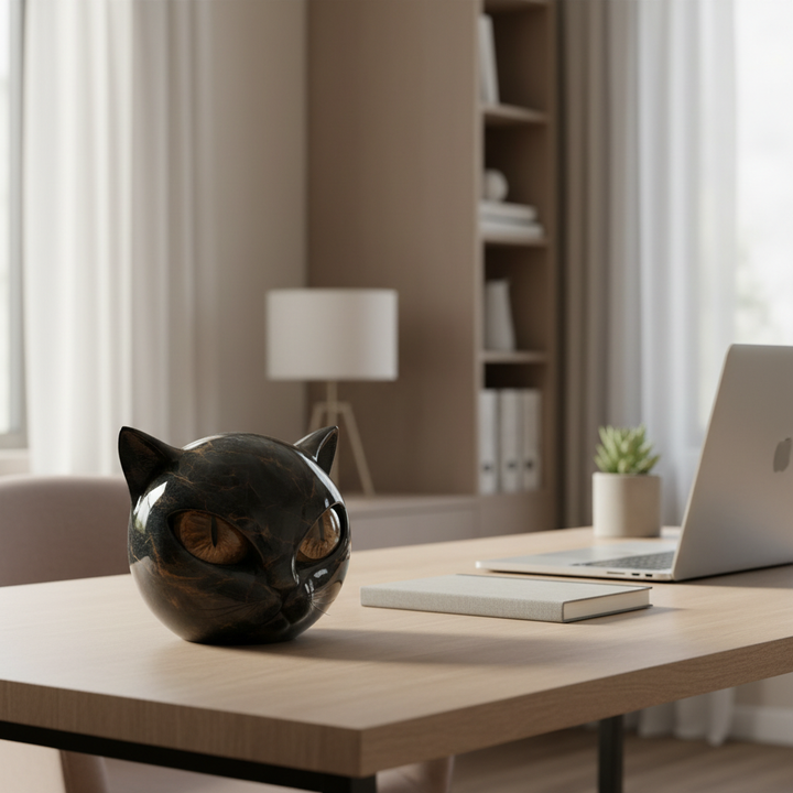 Objet d'art félin : statue tête de chat en résine brillante, design intérieur chic.