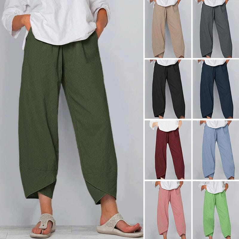 Pantalon asymétrique fluide pour femme, taille haute vintage, idéal pour un style bohème chic d'été.
