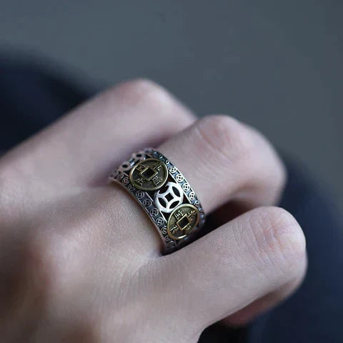 Bague Feng Shui unisexe en argent 925, design élégant symbolisant richesse et prospérité. Bijou porte-bonheur.