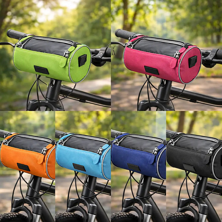 Pochette de cadre vélo pour smartphone avec écran tactile transparent et rangement.