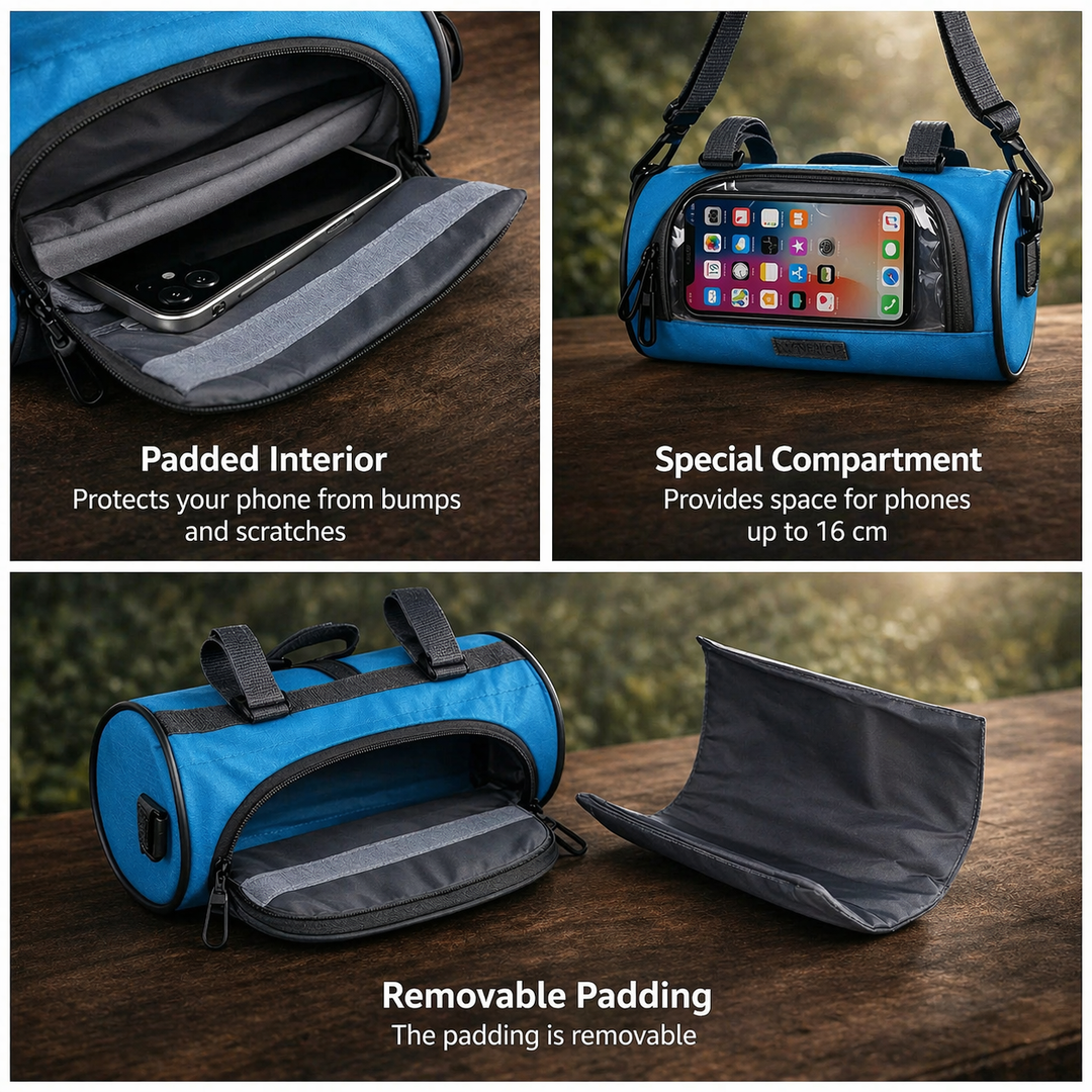 Accessoire cyclisme : sac de rangement vélo avec écran tactile pour téléphone portable.