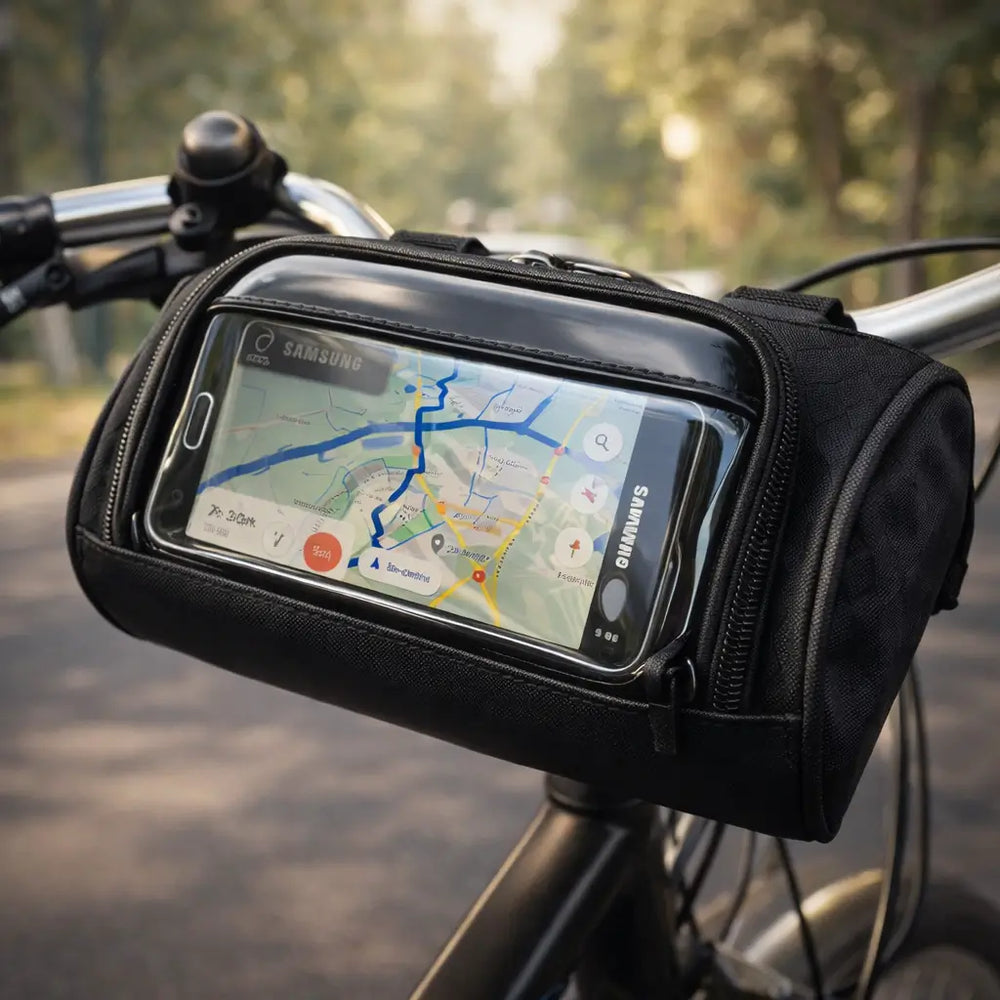 Sacoche vélo étanche avec support téléphone et fenêtre tactile pour navigation GPS.