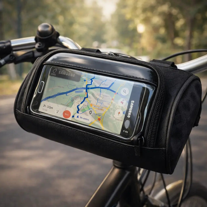 Sacoche vélo étanche avec support téléphone et fenêtre tactile pour navigation GPS.