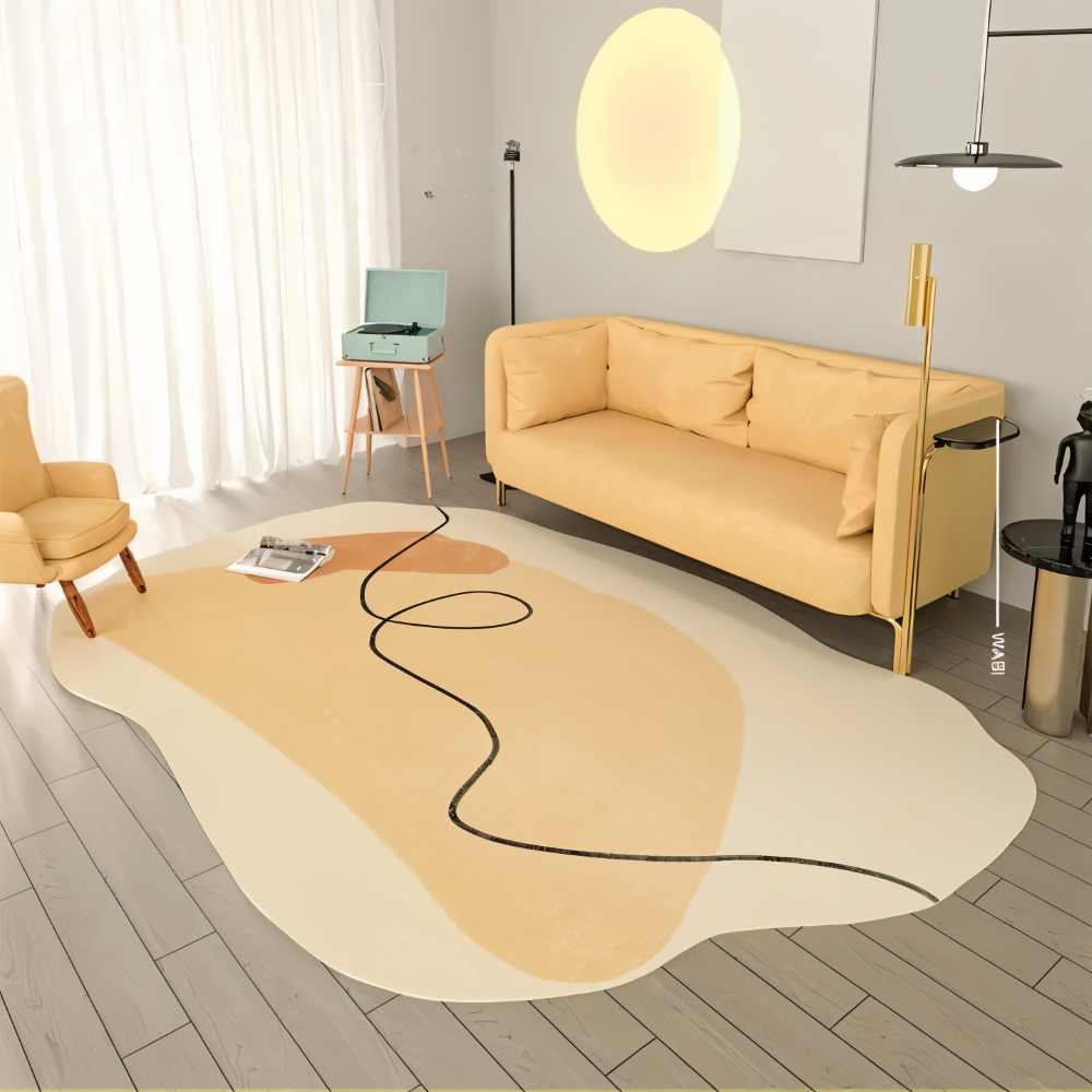 Tapis doux irrégulier gris pour salon ou chambre, design moderne et confortable en polyester.