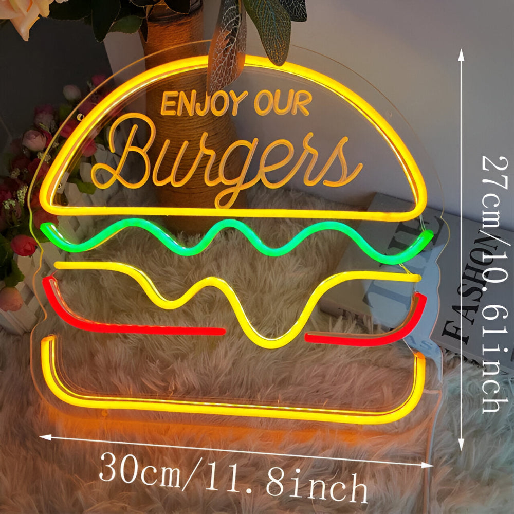 Lumière néon LED brillante, déco murale style fast-food rétro pour restaurants et cafés. Enseigne lumineuse.