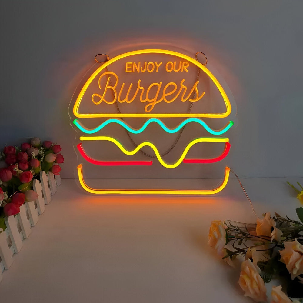 Panneau néon LED rétro fast-food. Enseigne lumineuse murale pour bar, restaurant, café. Ambiance festive.