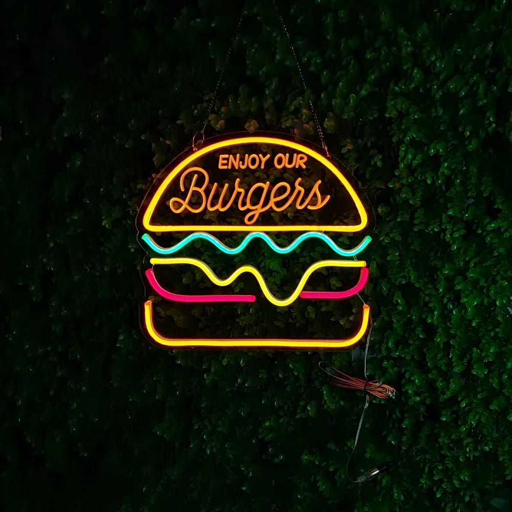 Panneau néon LED éclatant, design rétro fast-food. Décoration murale lumineuse pour restaurant ou bar.