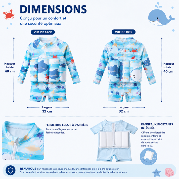 Maillot de bain enfant flottant unisexe, essentiel pour l'apprentissage de la natation et la protection solaire.