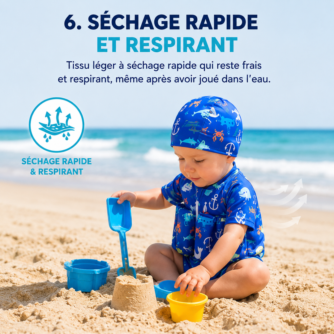 Combinaison flottante enfant FloatEase, offre flottabilité et protection solaire pour une nage sécurisée.