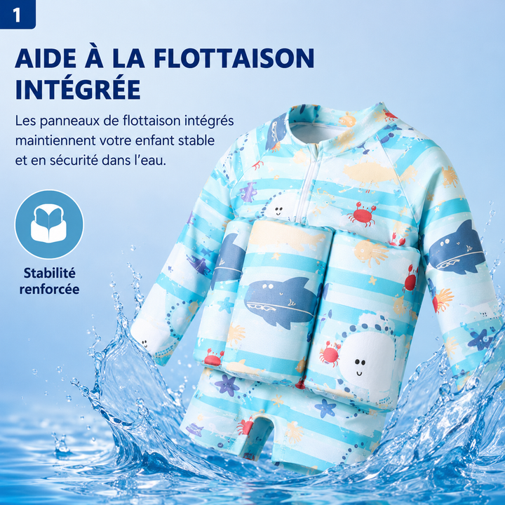 Maillot de bain bébé flottant pour l'apprentissage de la natation, assurant sécurité et confort en été.