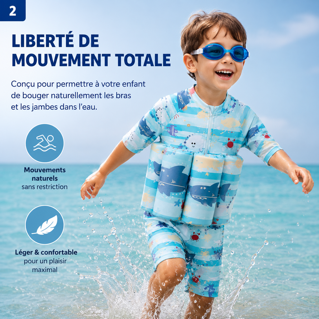 Vêtement de bain flottant enfant, optimise la flottabilité pour un apprentissage serein de la natation.