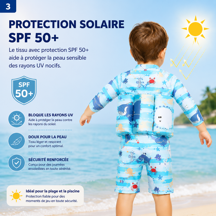 Enfant jouant dans l'eau avec maillot de bain flottant, favorise la nage sécurisée et l'autonomie aquatique.