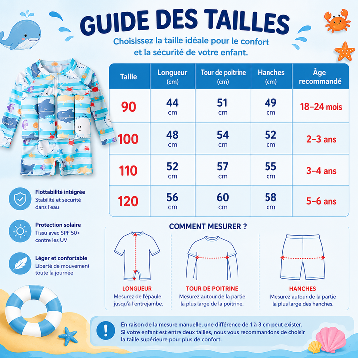 Été enfant: maillot de bain flottant pour la plage et la piscine, aide à la nage sécurisée des jeunes enfants.