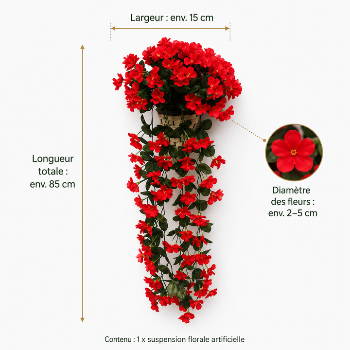 Fleurs artificielles suspendues pour une ambiance romantique de mariage ou maison.