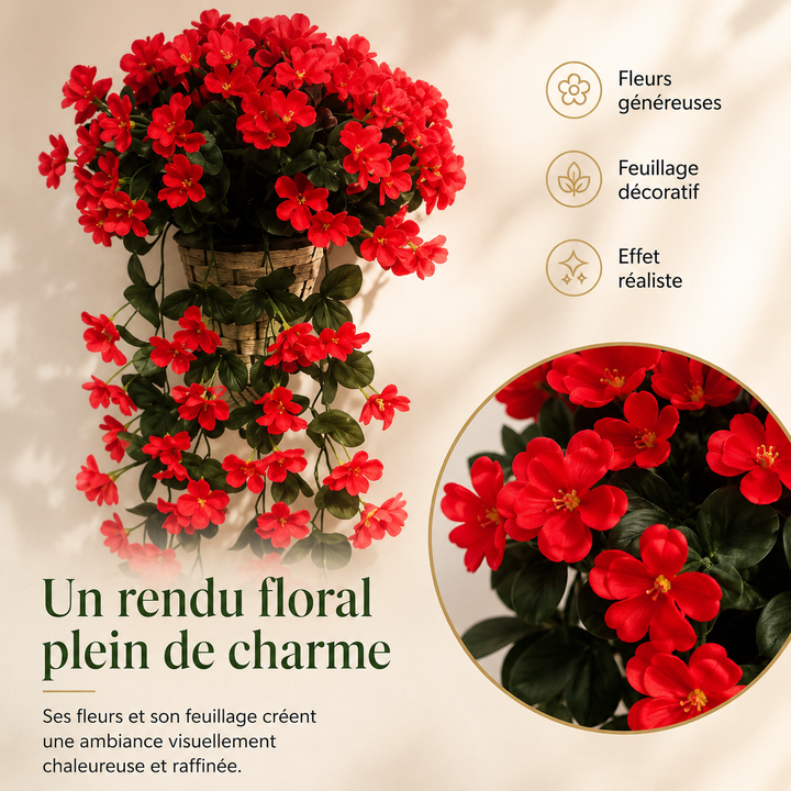Composition florale suspendue FloralGrace, fleurs artificielles pour un style durable.
