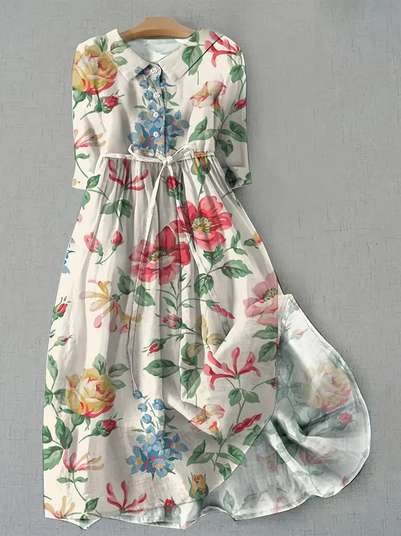 Robe florale midi classique pour femmes. Élégante et confortable, idéale pour été/printemps, imprimé chic, grande taille.