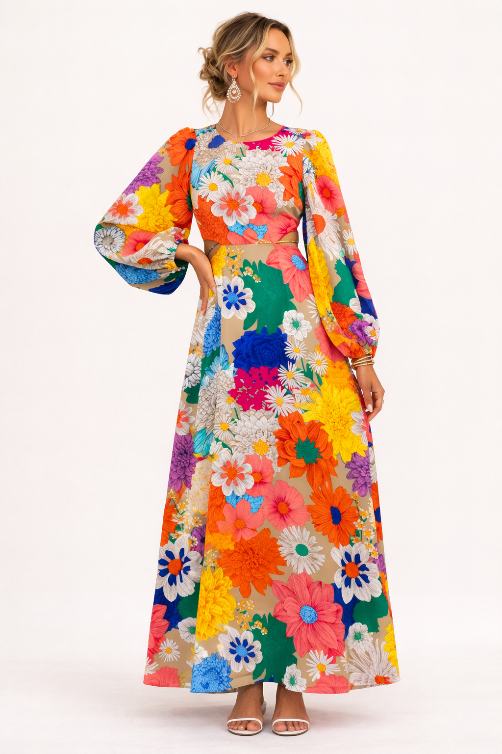 Robe longue florale élégante femme, manches bouffantes, imprimé délicat, parfaite pour l'été ou une occasion spéciale.