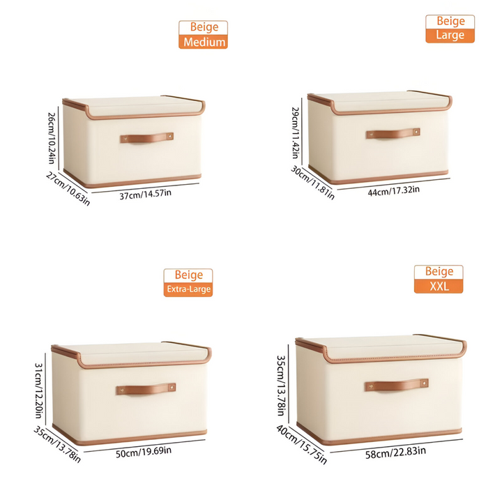 Rangement polyvalent : boîte tissu pliable avec couvercle et poignées cuir, idéale pour bureau et maison.