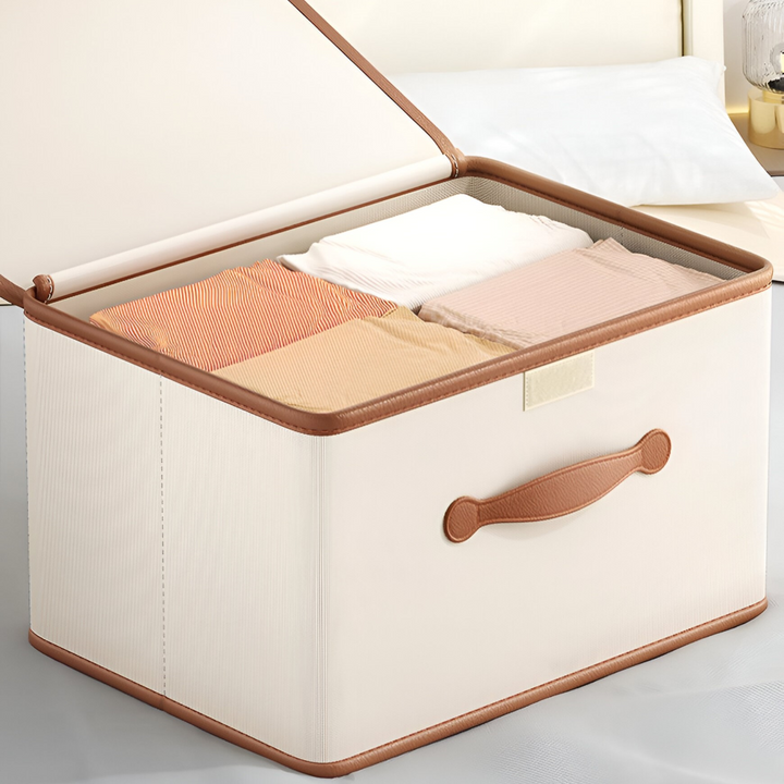 Rangement bureau ou chambre : boîte pliable avec poignées en cuir, solution élégante et gain de place.