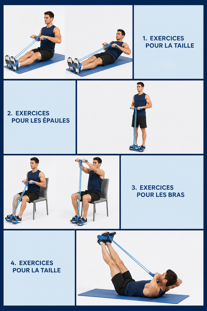 Bande de résistance FormMaster dans un espace fitness à domicile, essentiel pour l'entraînement sportif.