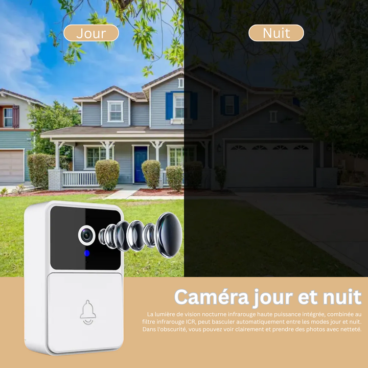 Vue élégante de la sonnette WiFi LuxGuard, intégrée à votre entrée. Caméra, détection de mouvement, domotique.