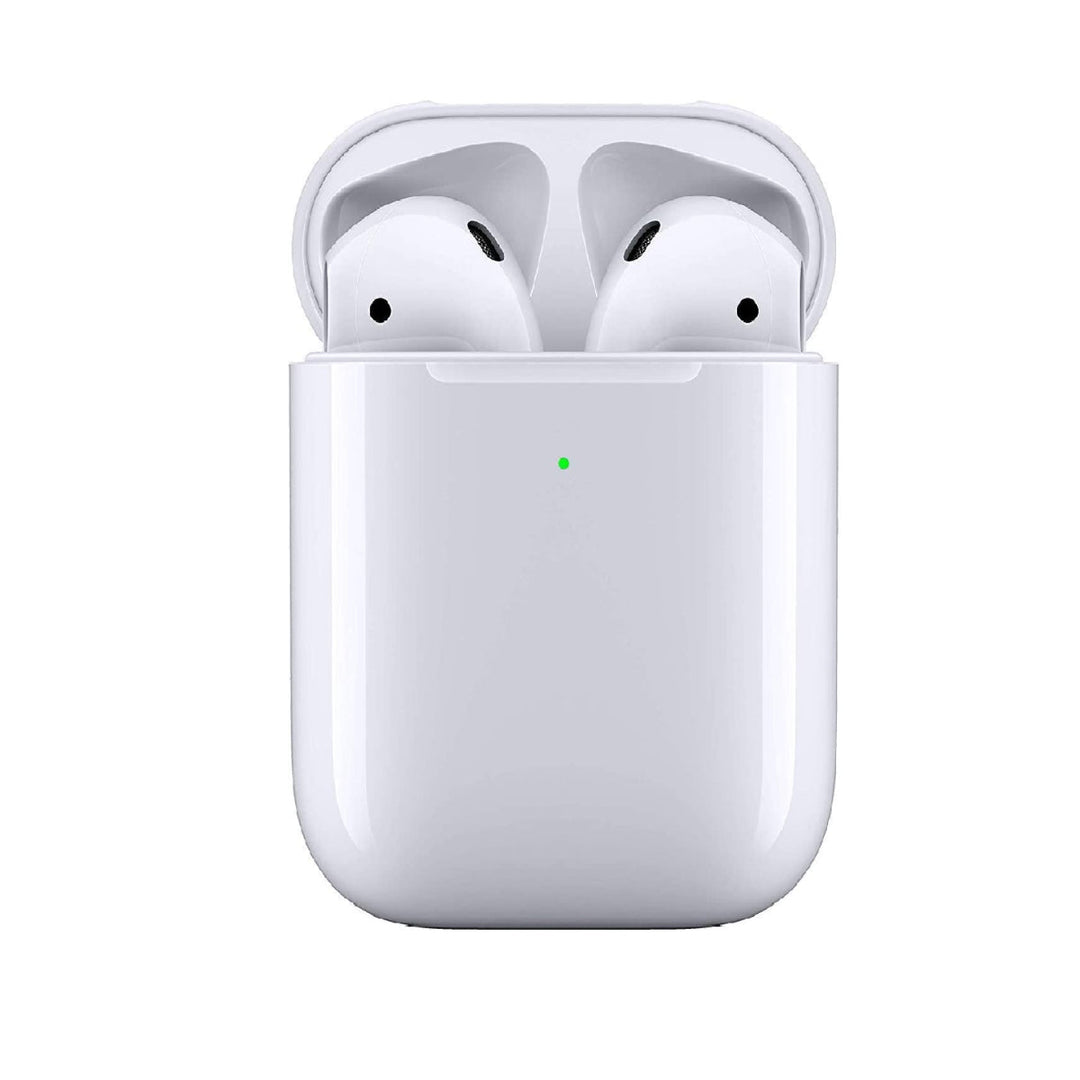 Accessoires audio portables : écouteurs sans fil Bluetooth blancs 2e génération avec leur boîtier de charge.