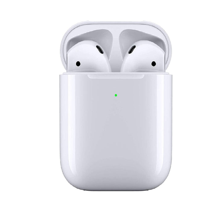 Accessoires audio portables : écouteurs sans fil Bluetooth blancs 2e génération avec leur boîtier de charge.