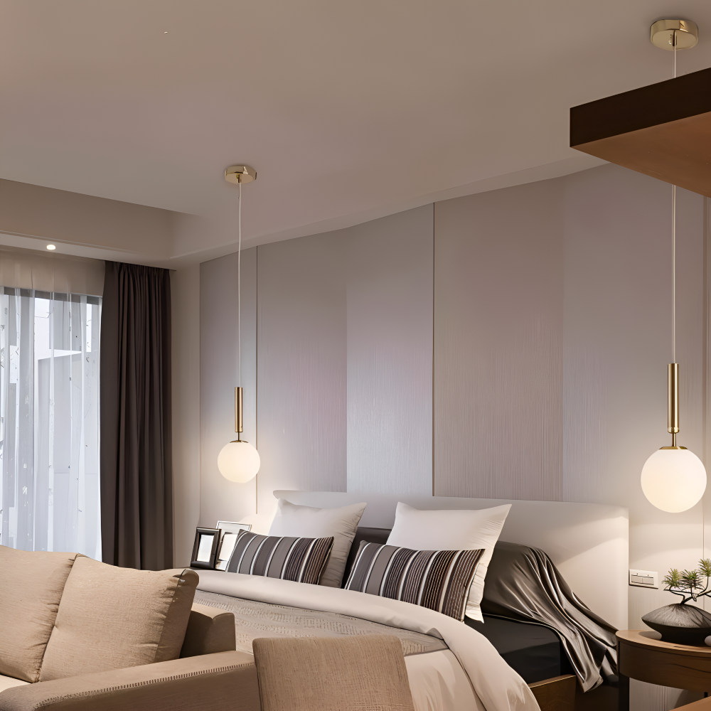 Lampe design moderne, globe lumineux pour salle à manger, ambiance cosy.