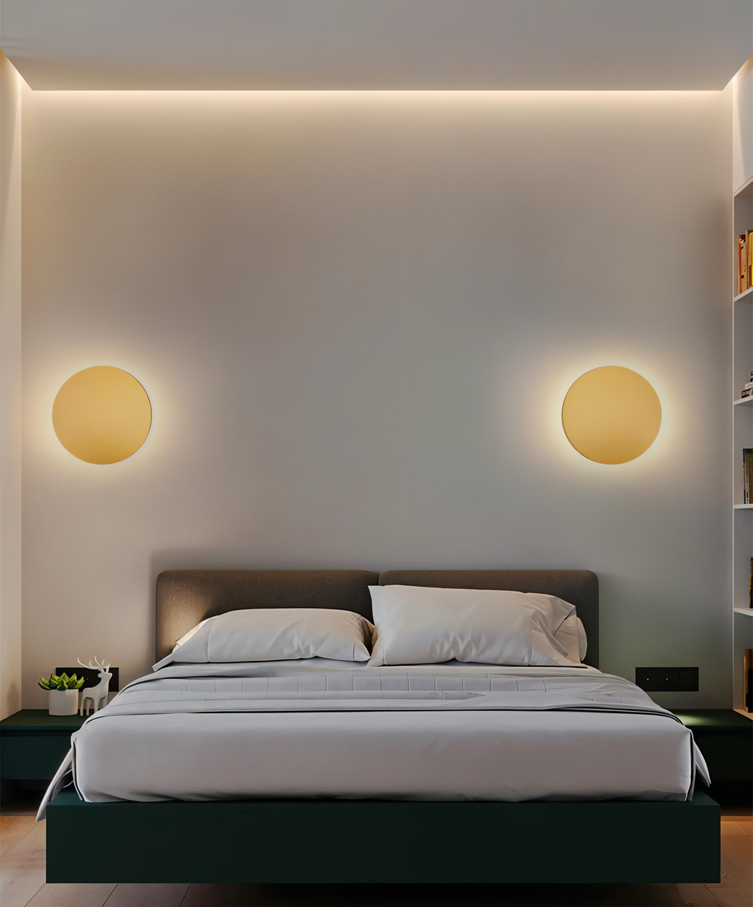 Design moderne pour cette applique murale LED ronde. Éclairage chaleureux, idéal pour ambiance cosy.