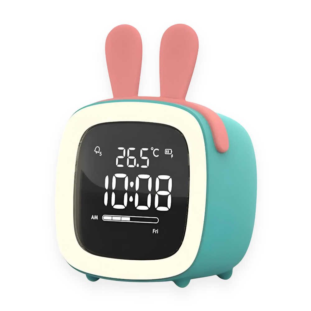 Horloge de nuit enfant LED USB, design chat ludique, veilleuse intégrée.