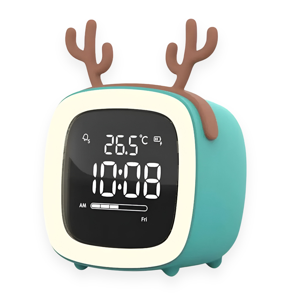 Réveil enfant USB avec veilleuse LED, design cerf, parfait pour le chevet.