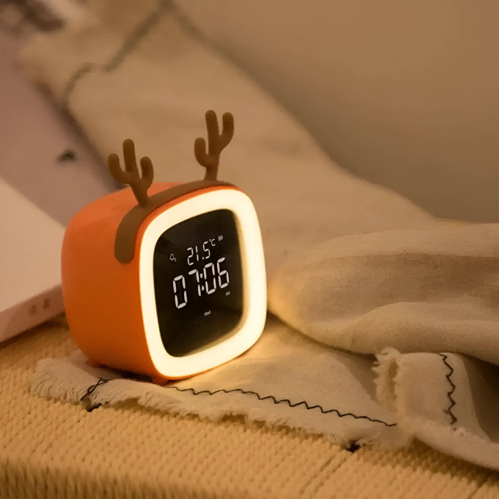 Horloge de chevet LED enfant design lapin, avec lumière douce pour la nuit.