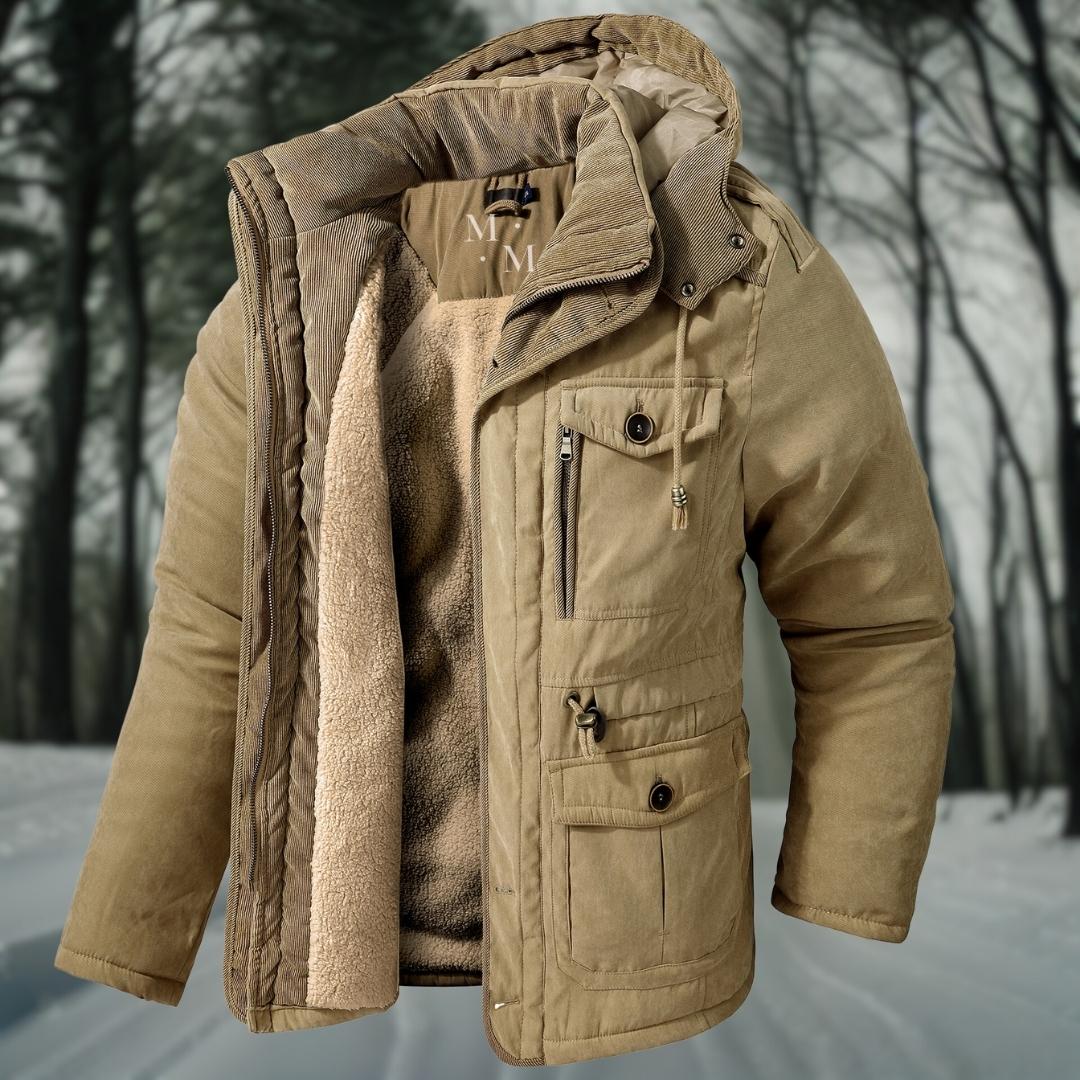 Veste hiver chaude pour homme, vêtement extérieur robuste avec capuche et poches pour protection contre le froid.