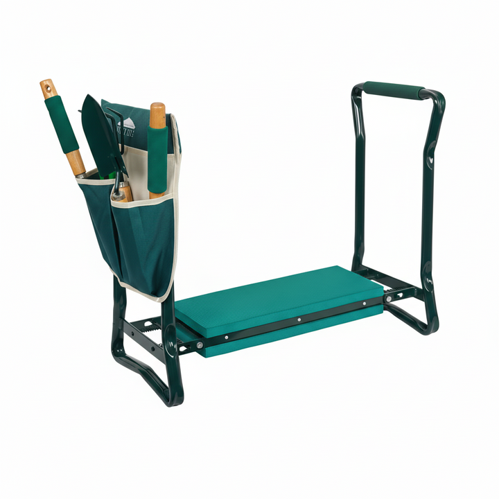 Siège et coussin de genoux de jardin pliable avec rangement. Pratique, portable pour le jardinage.