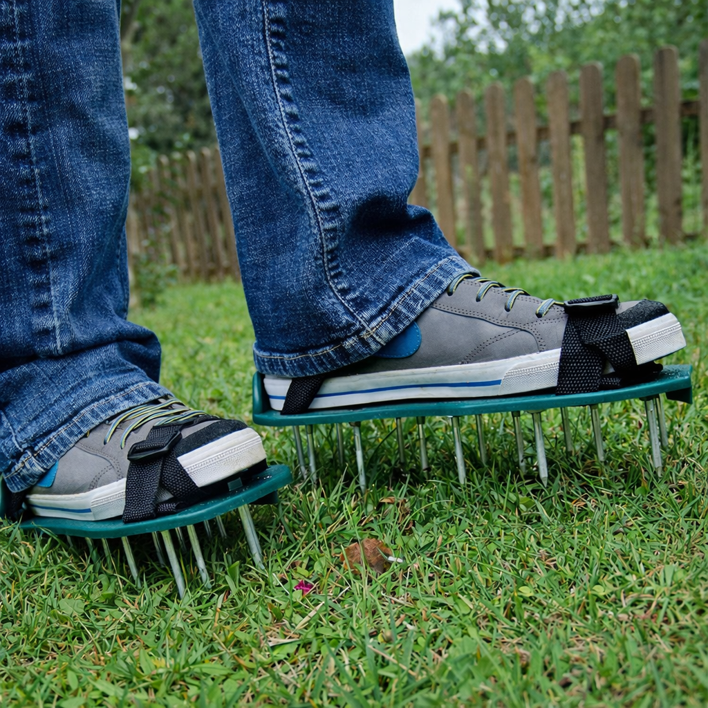 Chaussures aérateur à pointes pour un jardinage facile et une pelouse saine. Idéal pour l'aération du sol.