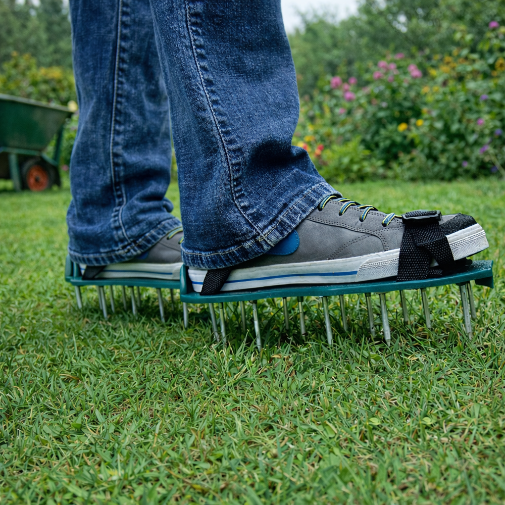 Outils de jardinage: Chaussures à pointes pour aérer efficacement le gazon. Entretien pelouse facile.