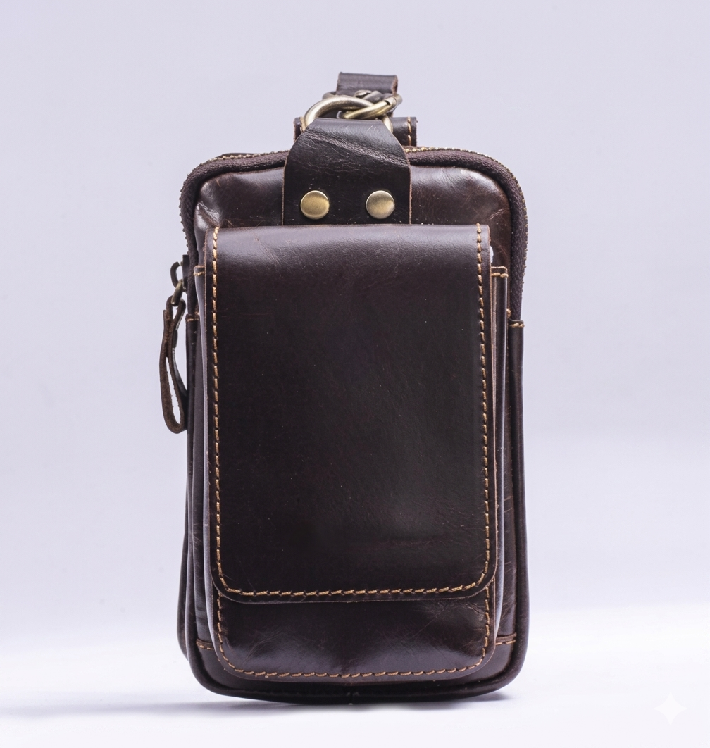 Sac banane homme cuir véritable marron vintage, accessoire de ceinture sécurisé et raffiné pour le quotidien.