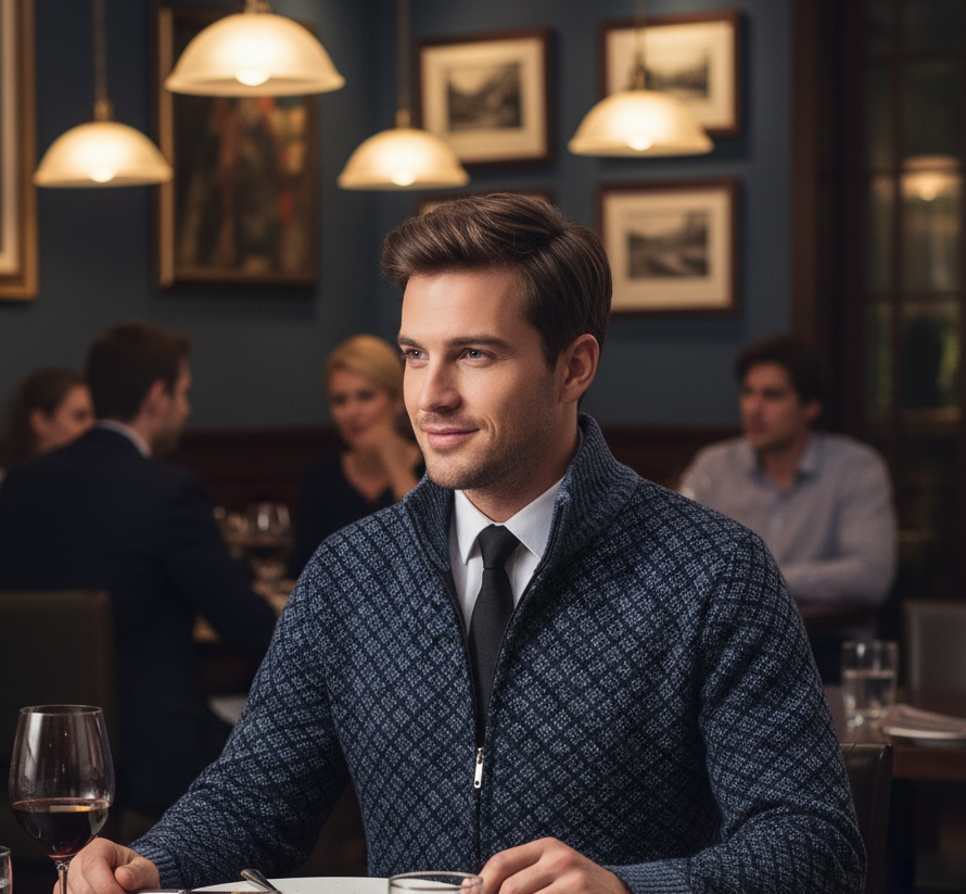 Cardigan homme jacquard élégant, zippé, col montant. Un classique de la mode masculine hivernale.