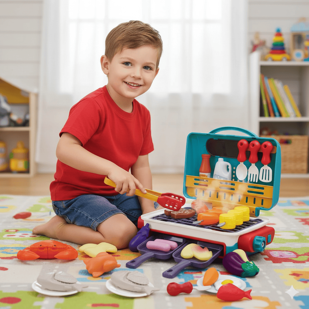 Mini grill BBQ jouet interactif pour enfants avec sons réalistes et fumée. Idéal pour jeux d'imitation cuisine.