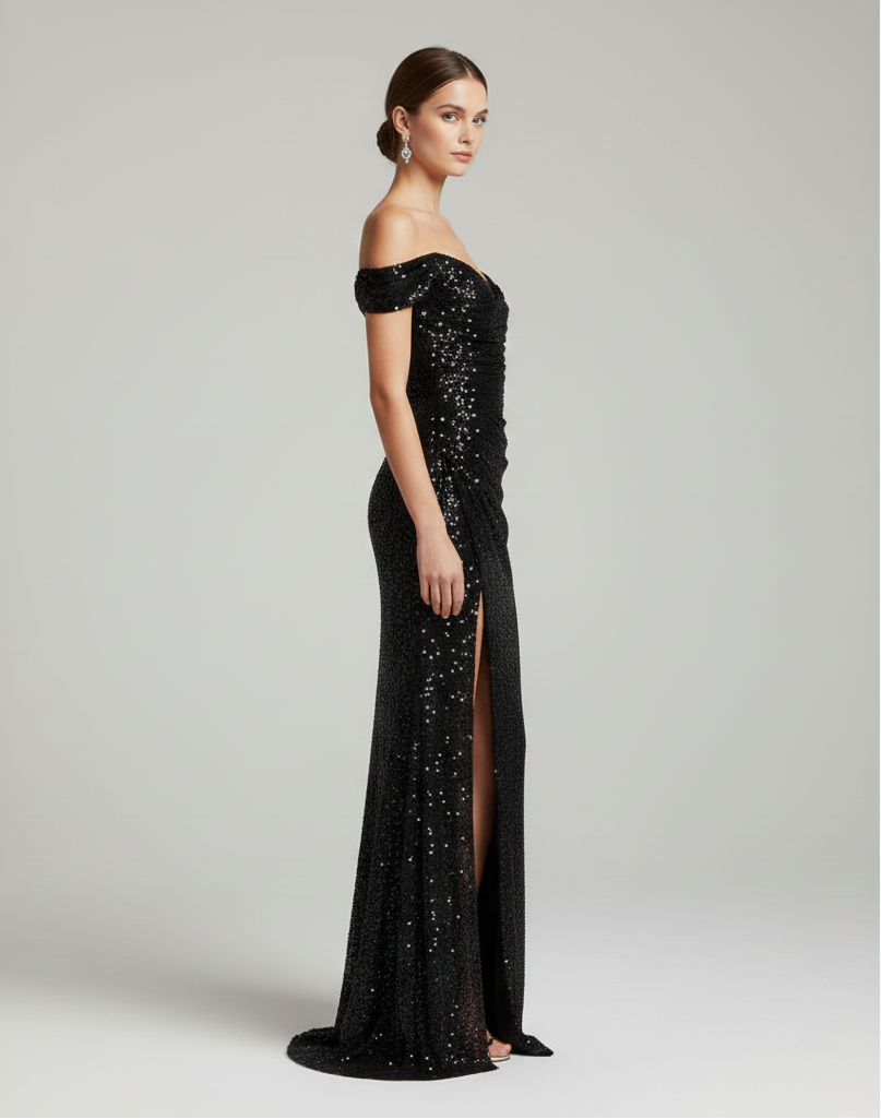 Robe de gala femme scintillante à paillettes, coupe longue, décolleté cœur et fente, parfaite pour cérémonies.