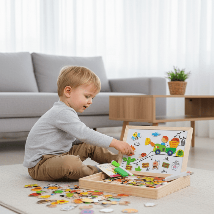 Tableau Montessori 2-en-1 en bois pour enfants, magnétique et noir, idéal apprentissage & créativité.