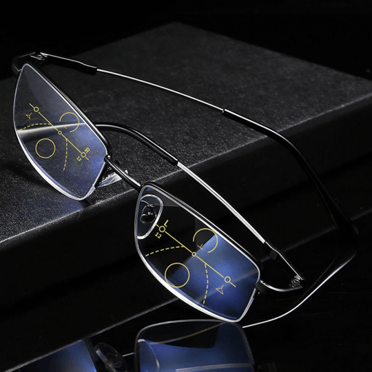 Monture élégante de lunettes progressives unisexes avec verres antireflet et protection UV pour un confort visuel.