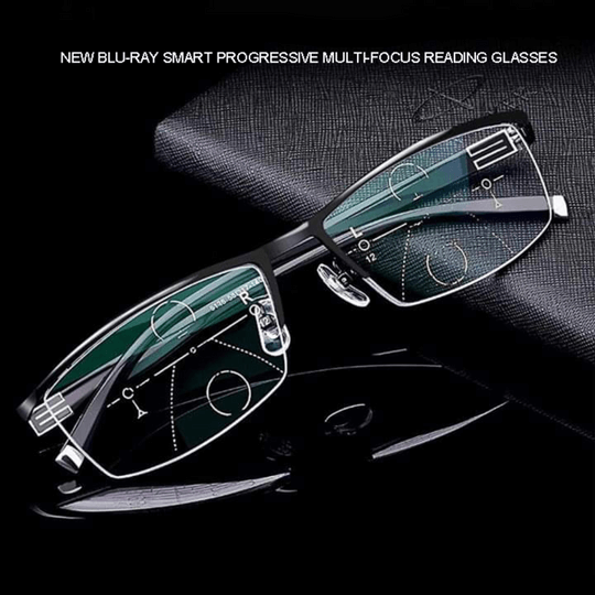 Personne portant des lunettes progressives pour presbytie, bénéficiant d'une vision nette et sans effort.