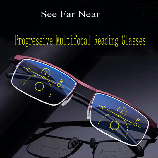 Solution pour presbytie: lunettes multifocales unisexes assurant une transition fluide entre vision de près et de loin.