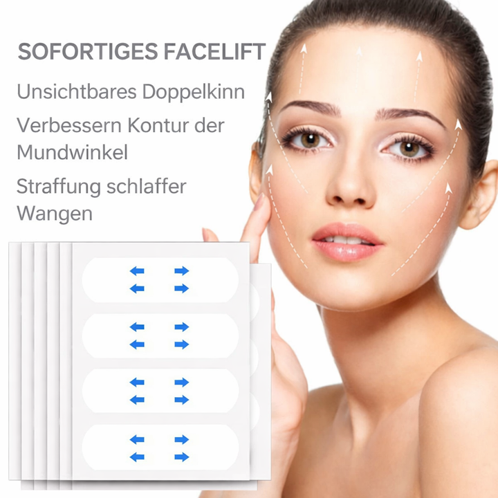 Femme appliquant des bandes de lifting visage invisibles. Contour raffermi, rajeunissement et beauté immédiate.