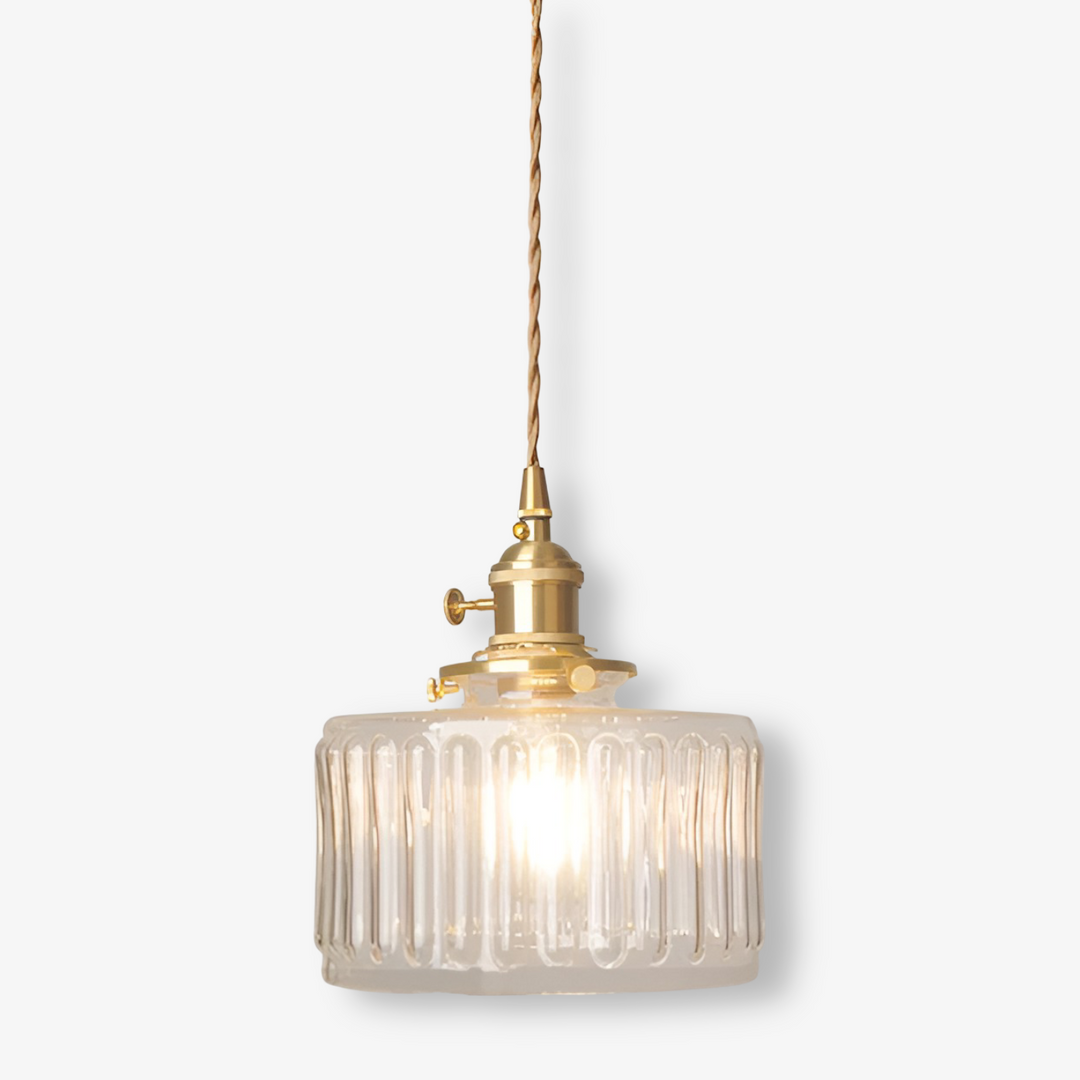 Suspension GlamourGlass cylindrique vintage, éclairage intérieur réglable, alliant rétro et moderne.