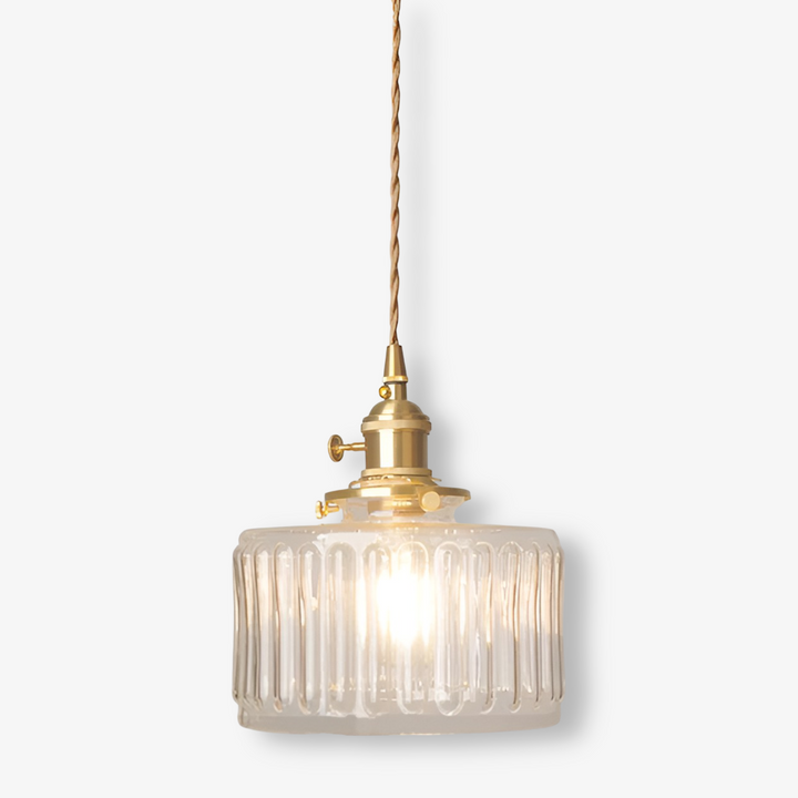 Suspension GlamourGlass cylindrique vintage, éclairage intérieur réglable, alliant rétro et moderne.