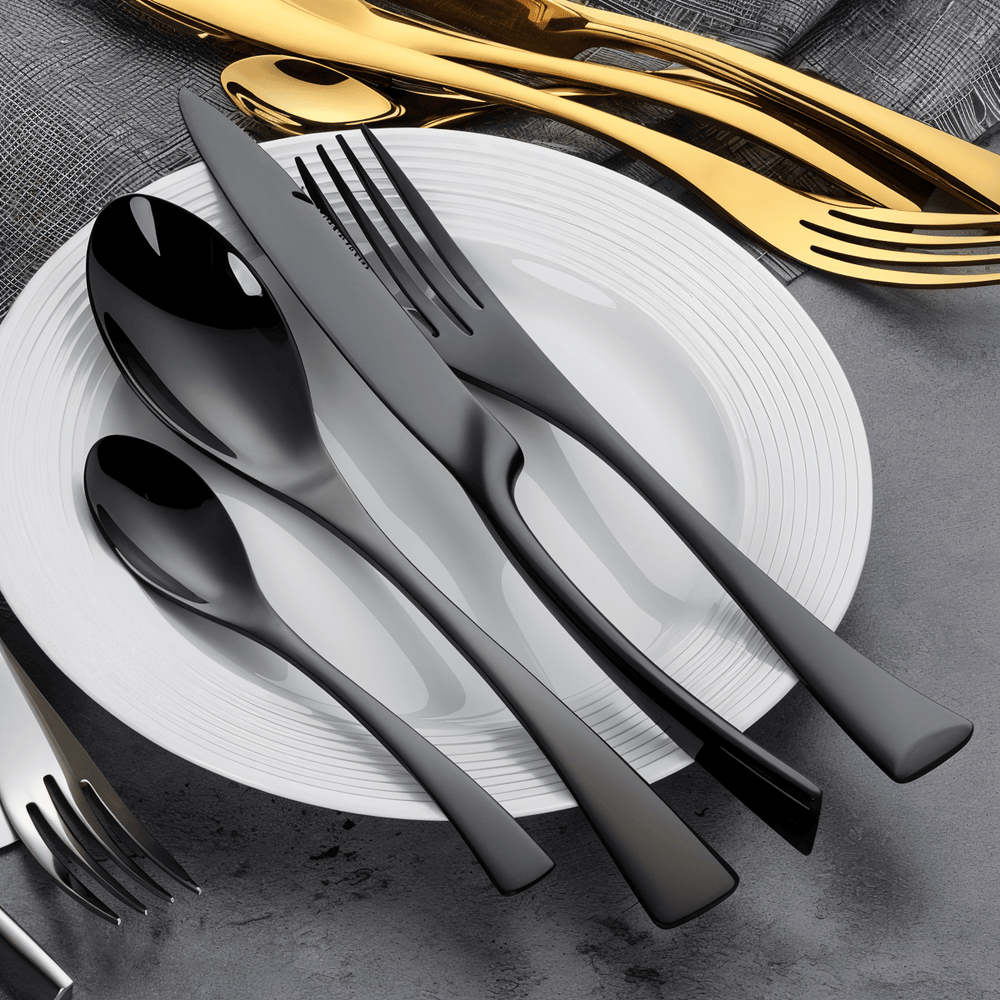 Set de 5 couverts de table modernes et élégants, comprenant fourchette, couteau et cuillère, pour une cuisine raffinée.
